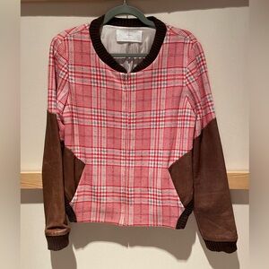 Plaid sweater Jacket with leather Sleeves